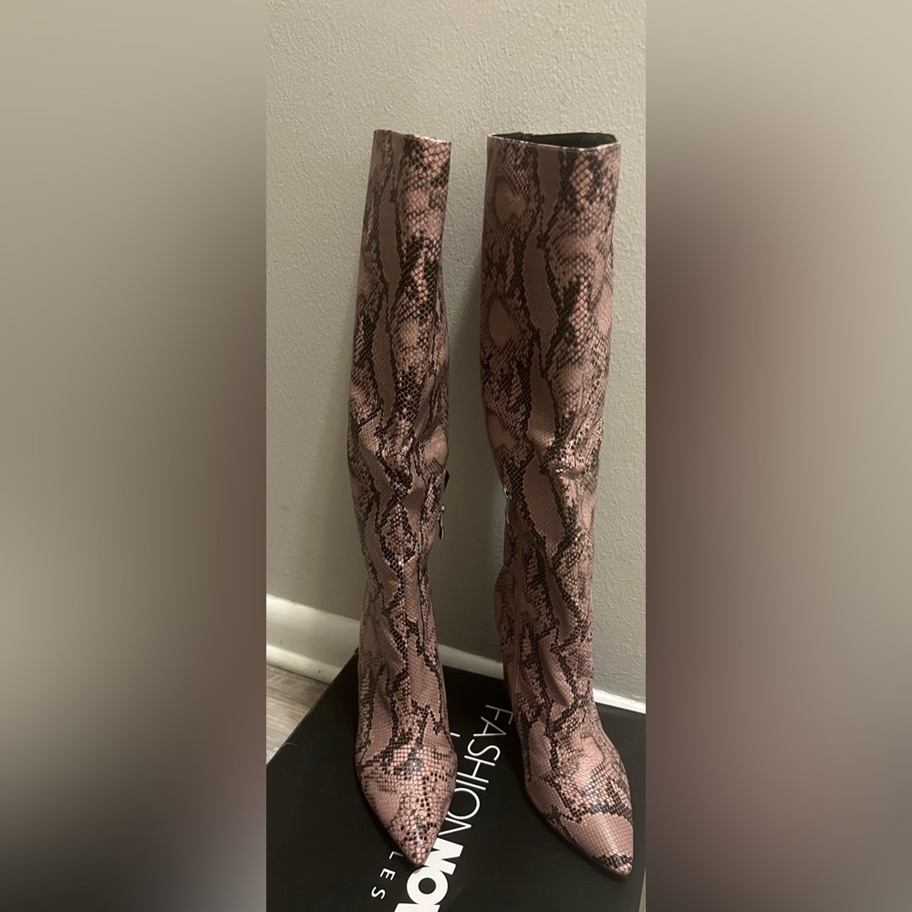 Pink Snake Print Knee-High Boots